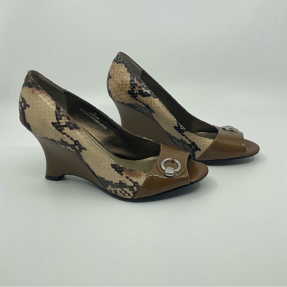 Carlos Falchi Leather Snakeskin and Patent Open Toe Wedges